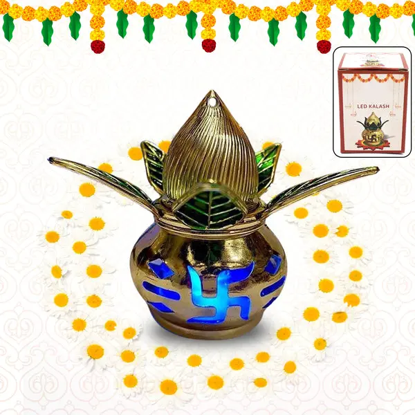 Gold Plated Eco Friendly LED Kalash for Pooja Mandir, Ganesh Ganesha (1 pc / Multicolor LED)